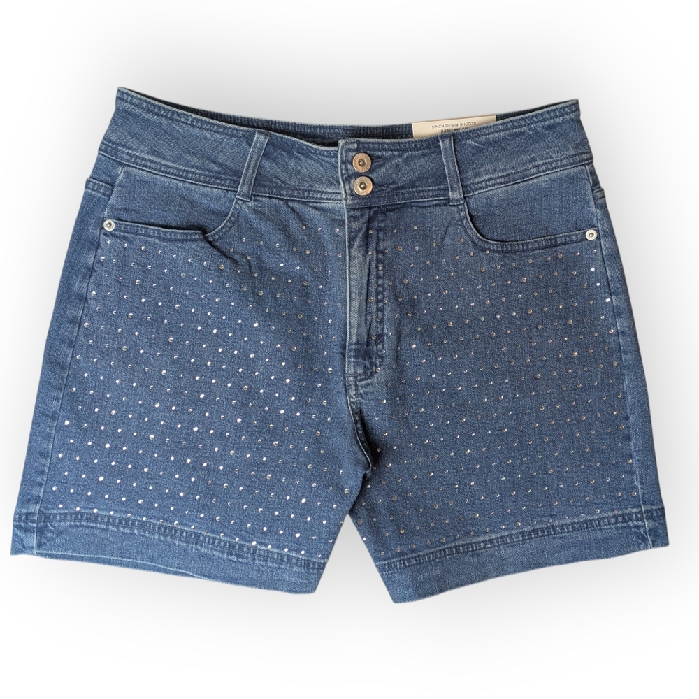 INC International Concepts Rhinestone High Rise Denim 5 Inch Shorts Women's 12 - Picture 3 of 16